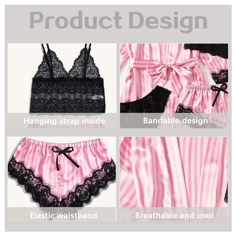 4-Piece Satin & Lace Pajama Set – Pink & White Striped Sleepwear Style Heaven