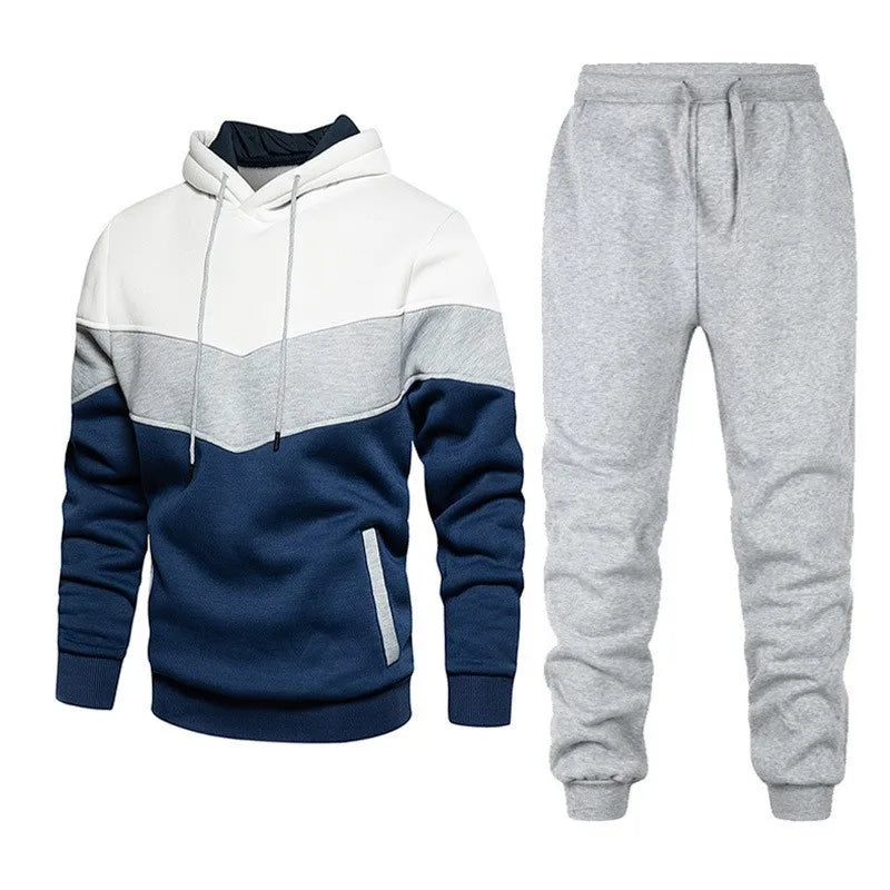 Men’s Autumn & Winter Sportswear Set – 3-Color Block Hoodie & Sweatpants Style Heaven
